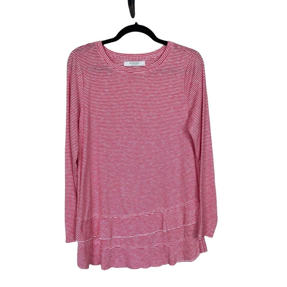 Mododoc Long Sleeve Stripped Scoop Neck Ruffled Mini Pink White Stripe Small